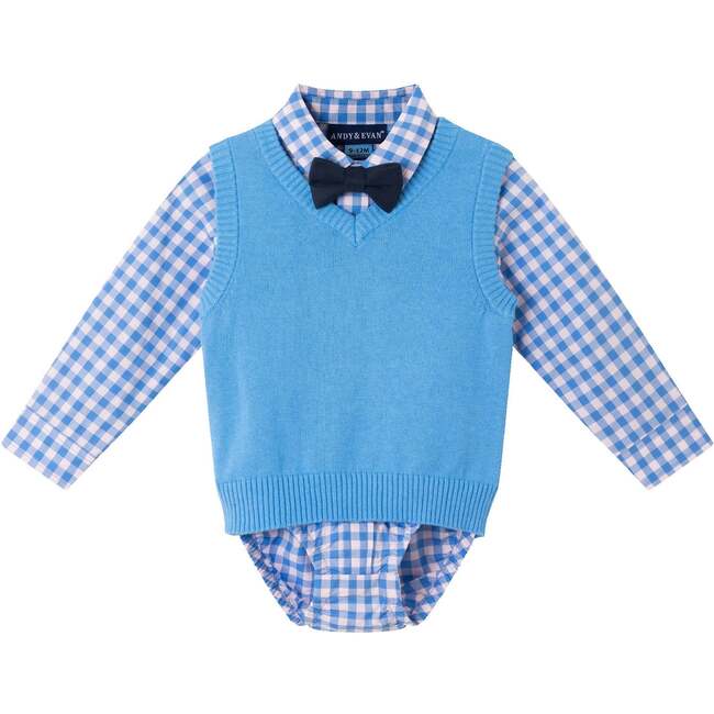 Infant Mid Blue Sweater Vest Buttondown Shirt, Bowtie & Light Grey Pant Set, Mid Blue - Mixed Apparel Set - 3