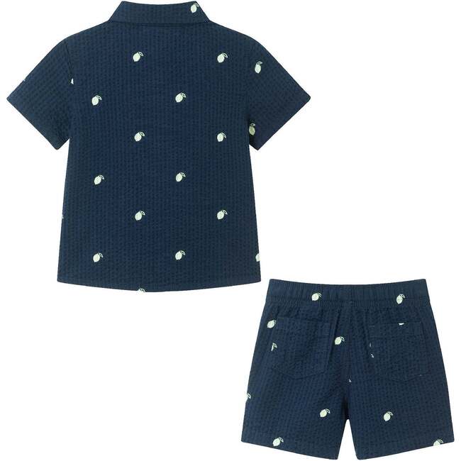 Infant Limes Seersucker Matching Short Sleeve Buttondown & Short Set, Navy - Mixed Apparel Set - 2