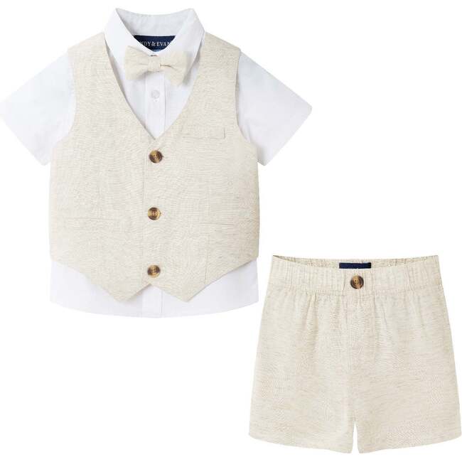 Infant  4-Piece Short Sleeve White Buttondown Shirt, Bowtie, Vest & Pant Set, Stone