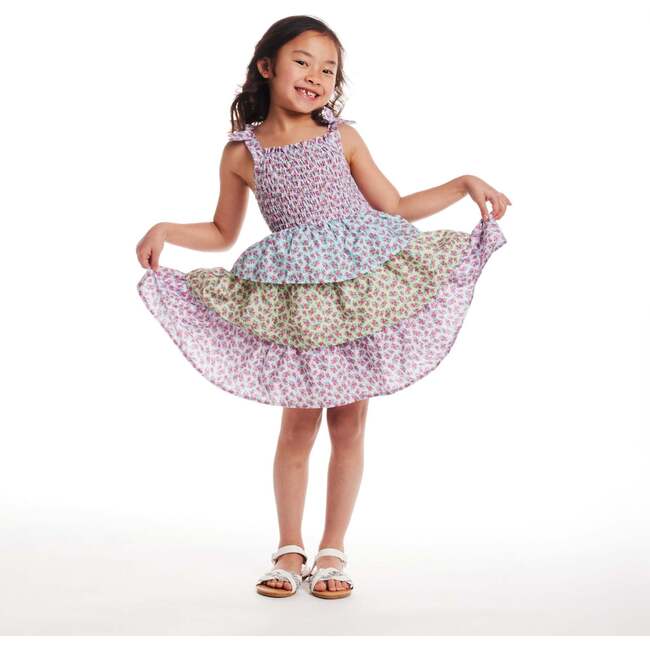 Kids Color Blocked Floral Tiered Dress, Clr Blck - Dresses - 7