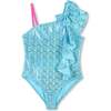 Shimmering Asymmetric Ruffle Swimsuit, Blue - One Pieces - 1 - thumbnail