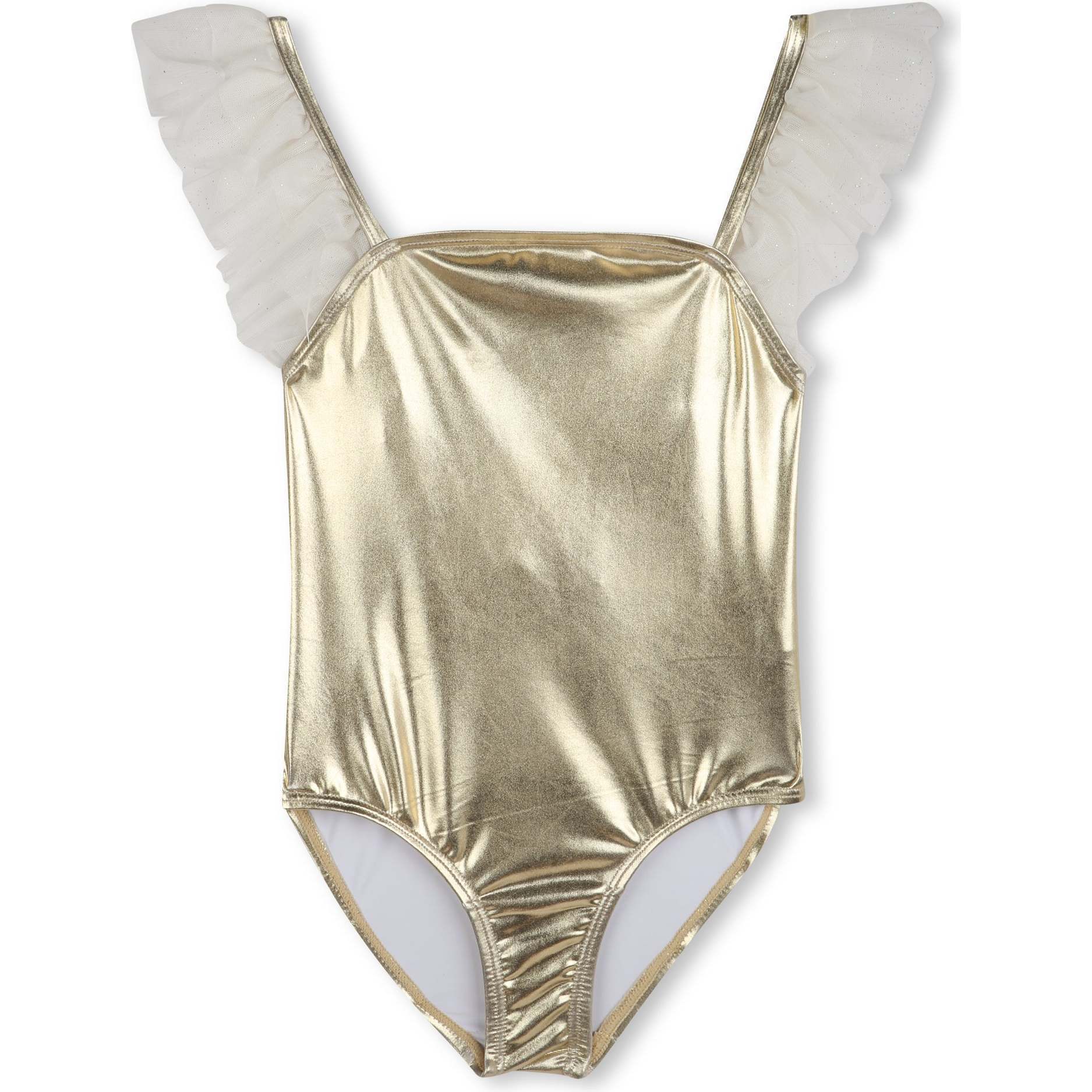 Metallic Ruffle Trim Swimsuit, Gold - One Pieces - 1
