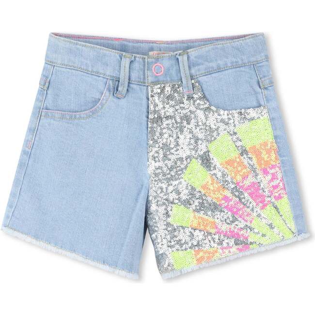 Denim Half Sequined Pattern Shorts, Blue
