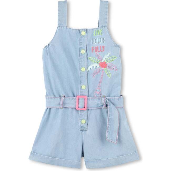 Bleached Denim Embroidered One-Piece, Blue
