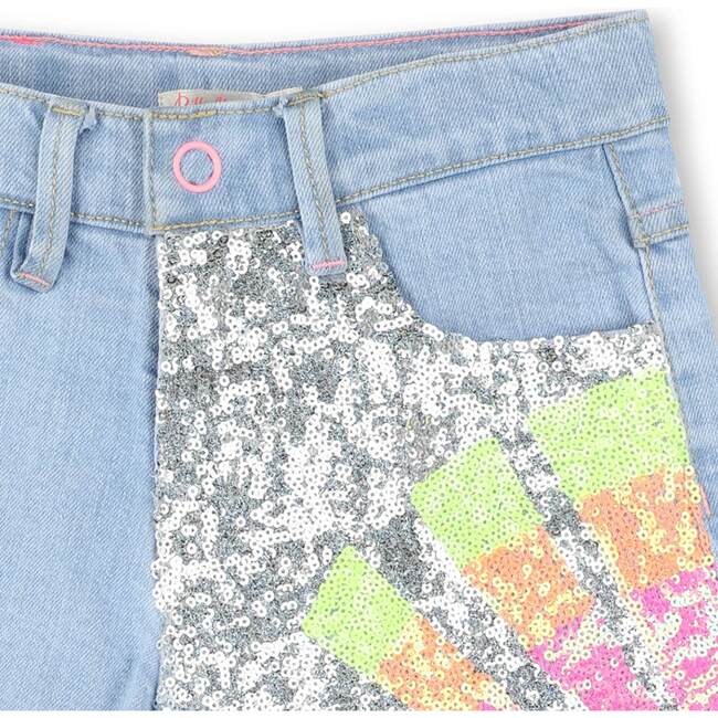 Denim Half Sequined Pattern Shorts, Blue - Shorts - 4