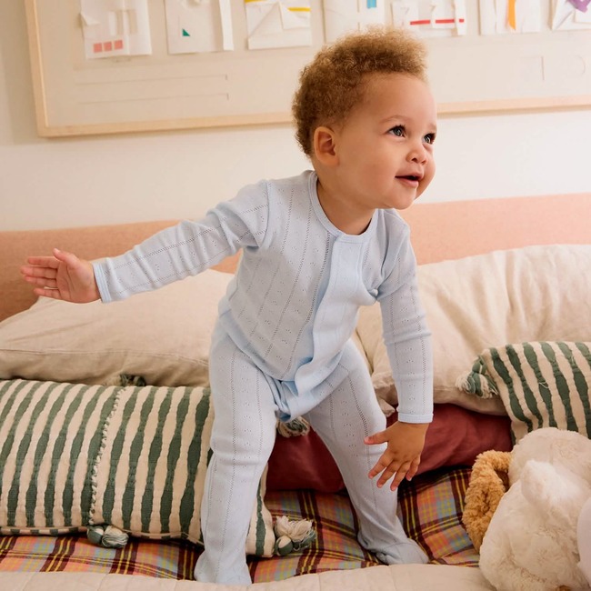 Love Lines Blue Organic Cotton Pointelle Magnetic Footie - Footie Pajamas - 6