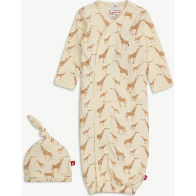 Cream Jolie Giraffe Organic Cotton Magnetic Open Bottom Gown + Hat Set - Nightgowns - 1