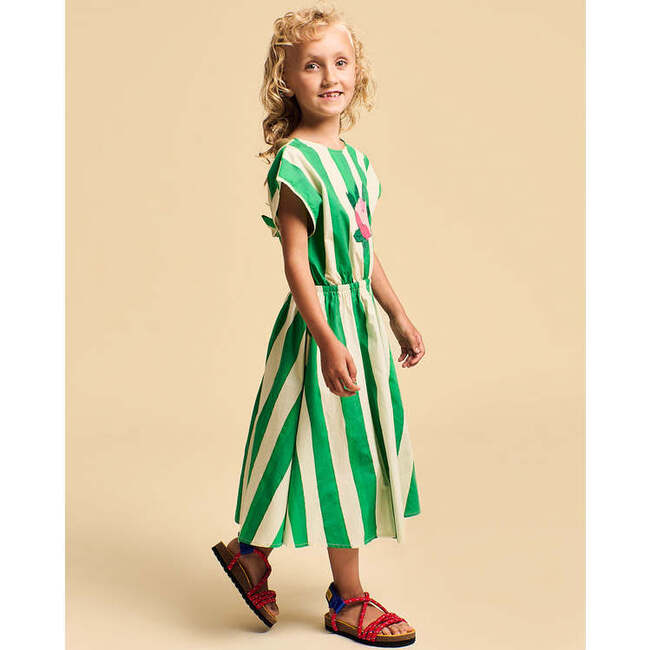 Flower Stripes Dress, White & Green - Dresses - 2