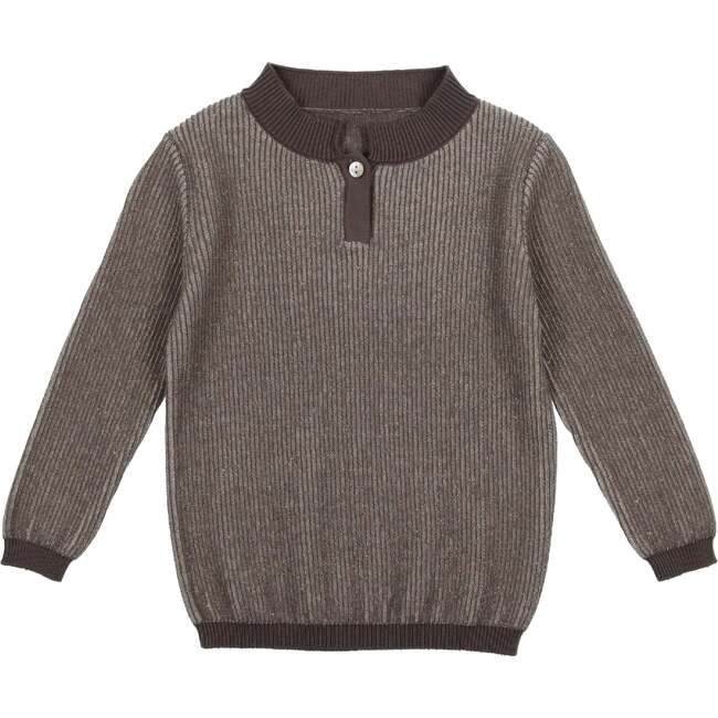 Striped Ribbed Up-Collar Sweater, Grey