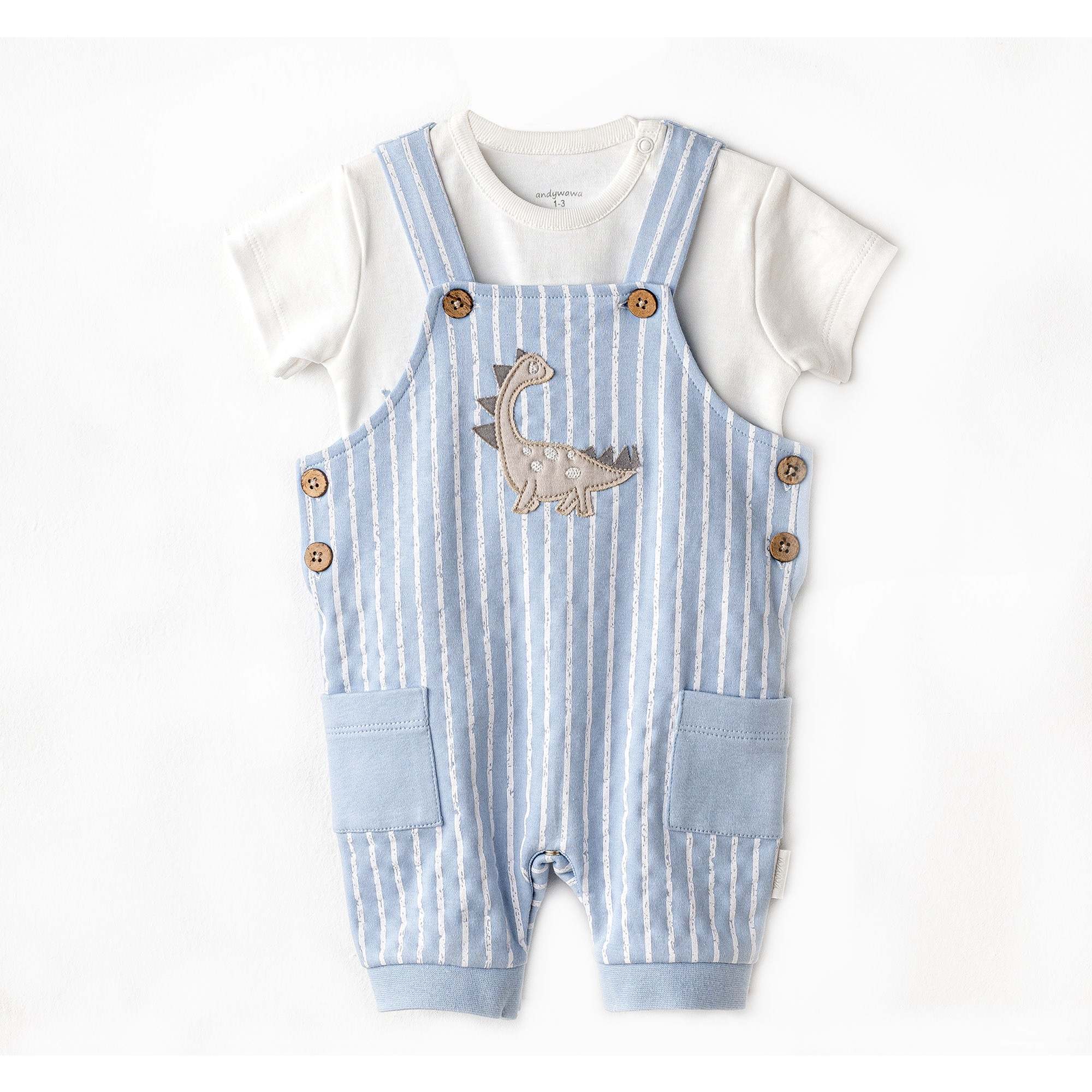 Striped Dinosaur Jumpsuit, Blue - Rompers - 1