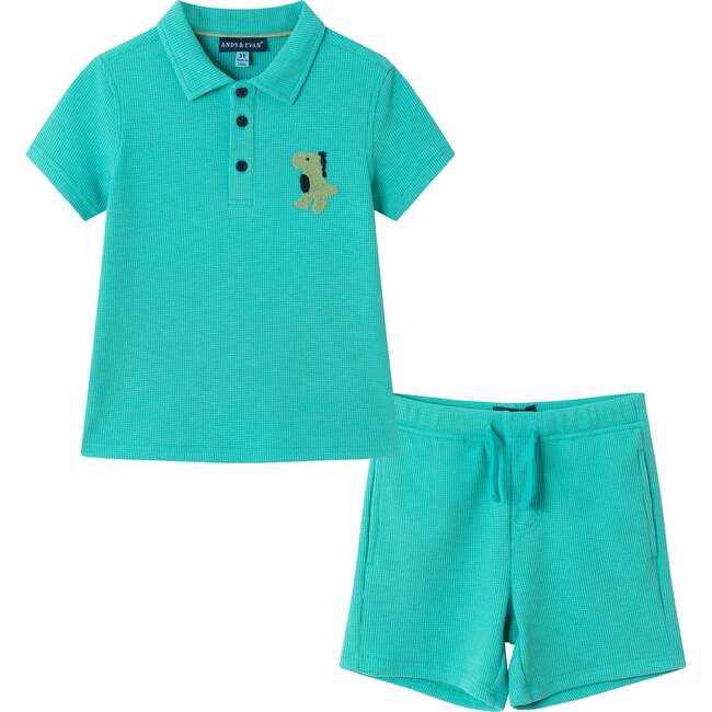Kids Waffle Polo Set w/ Chest Dinosaur Crocher Patch, Aqua