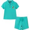 Kids Waffle Polo Set w/ Chest Dinosaur Crocher Patch, Aqua - Mixed Apparel Set - 1 - thumbnail