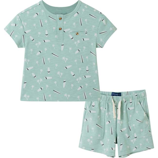 Kids Washed Surfboard Henley & Matching Short Set, Lt Green