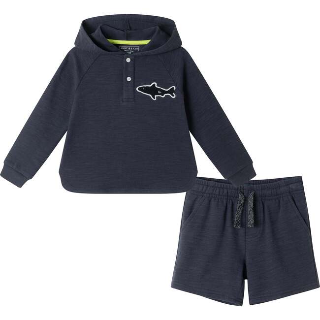 Kids Textured Hoodie Lounge Set w/ Shark Patch Set, Navy