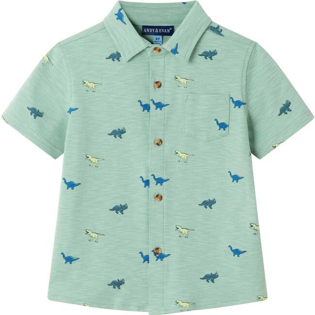Kids Dinosaur Print Knit Buttondown, Light Green