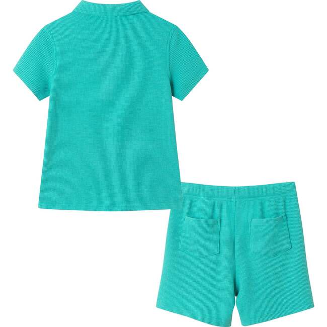 Kids Waffle Polo Set w/ Chest Dinosaur Crocher Patch, Aqua - Mixed Apparel Set - 2