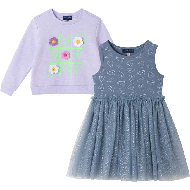 Kids Heart Print Jersey Dress and Sweatshirt Set, Purple