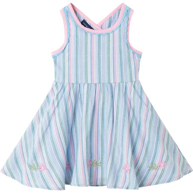 Kids Blue Striped Woven Dress w/ Floral Embroidered Hem, Blue - Dresses - 1