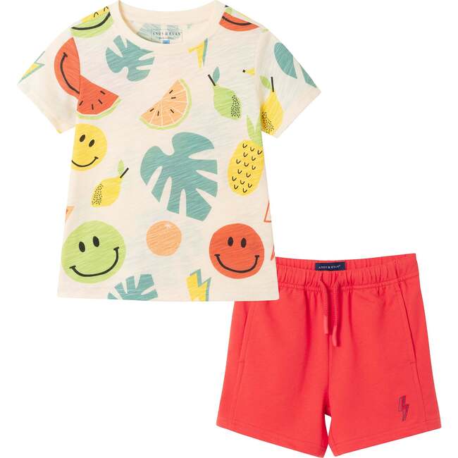 Kids Allover Fun Print Graphic Tee & Red French Terry Rib Short Set, White