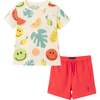 Kids Allover Fun Print Graphic Tee & Red French Terry Rib Short Set, White - Mixed Apparel Set - 1 - thumbnail