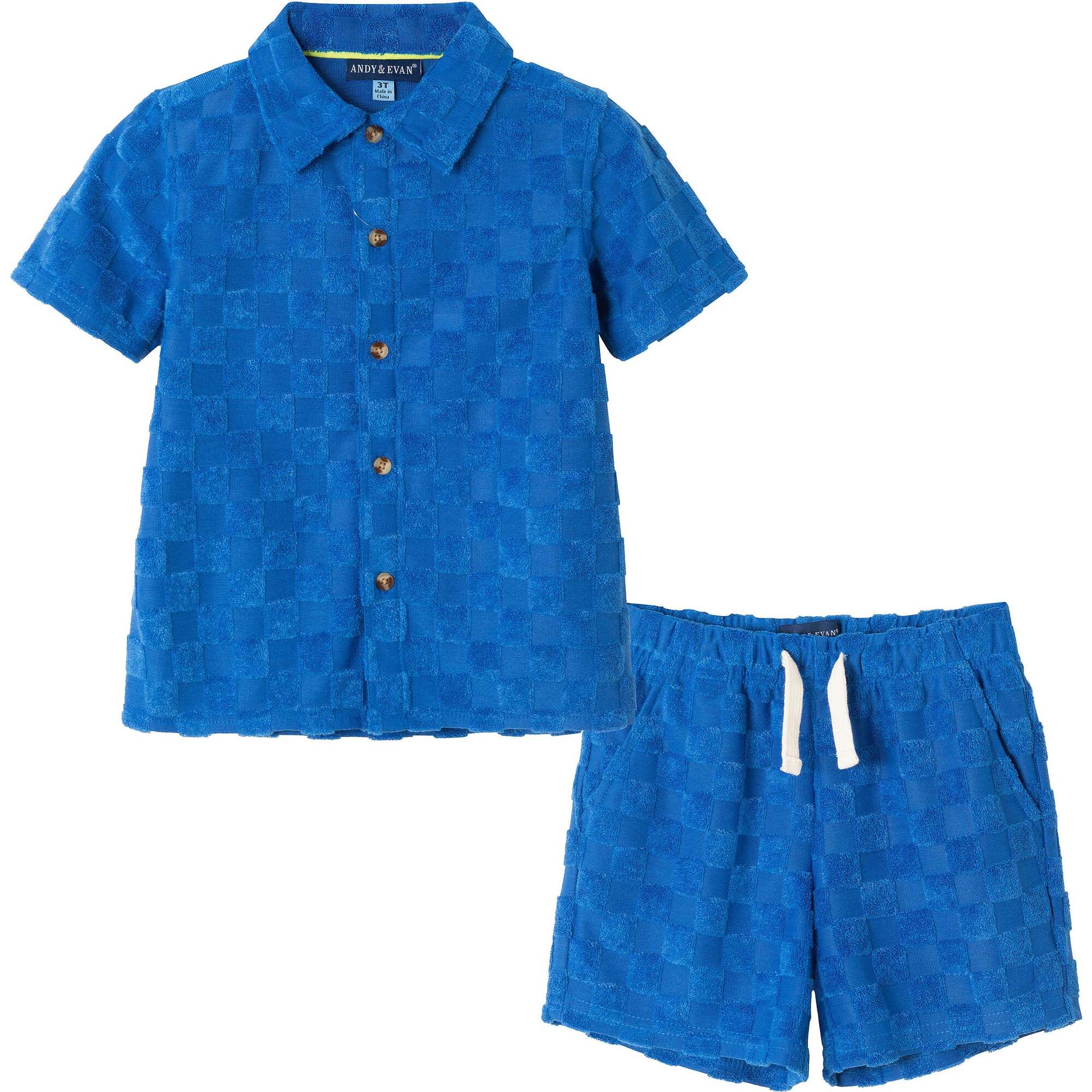 Kids Check Textured Terry Set, Blue Check - Mixed Apparel Set - 1