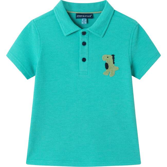 Kids Waffle Polo Set w/ Chest Dinosaur Crocher Patch, Aqua - Mixed Apparel Set - 3