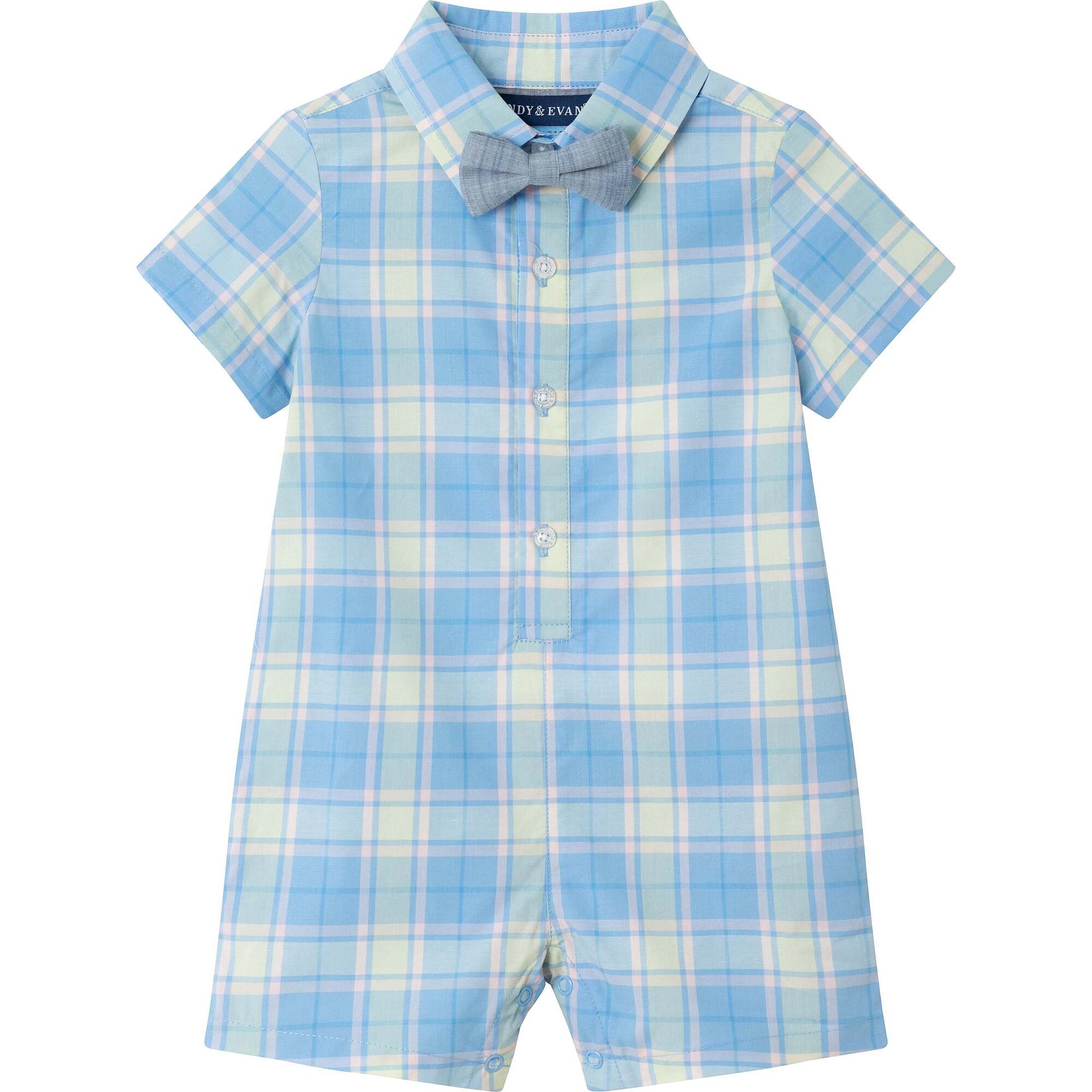 Infant Plaid Shirtall w/ Chambray Bowtie, Blue - Rompers - 1