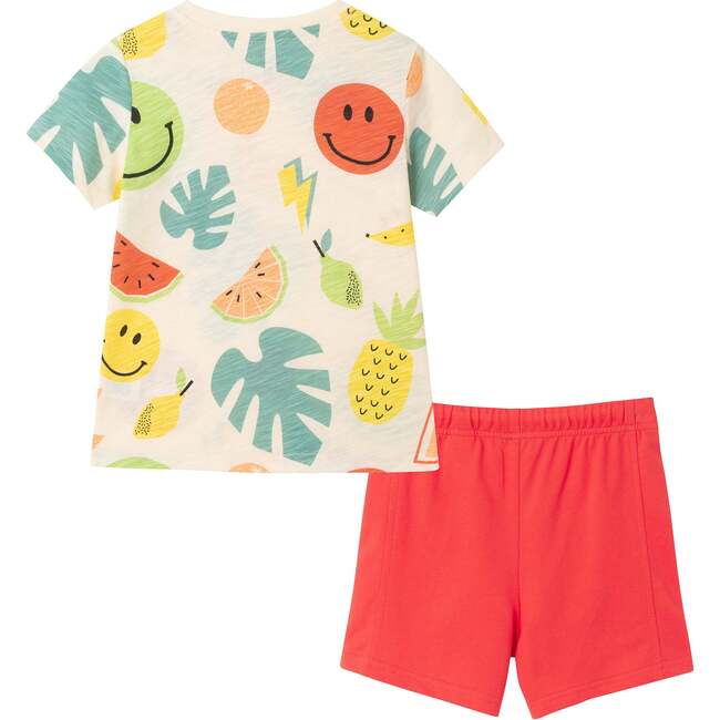 Kids Allover Fun Print Graphic Tee & Red French Terry Rib Short Set, White - Mixed Apparel Set - 2