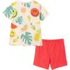 Kids Allover Fun Print Graphic Tee & Red French Terry Rib Short Set, White - Mixed Apparel Set - 2