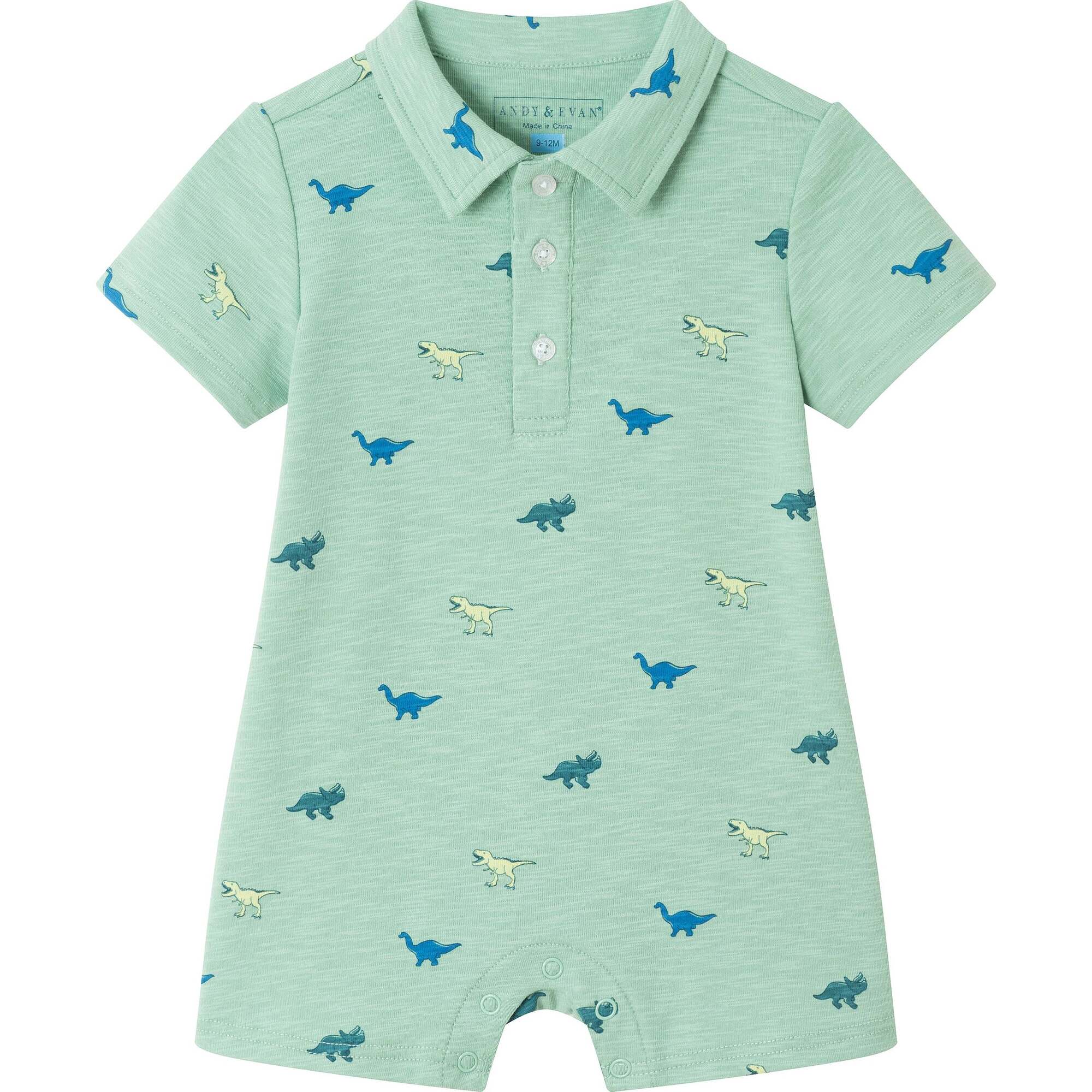 Infant Dinosaur Print Polo Romper, Lt Green - Rompers - 1