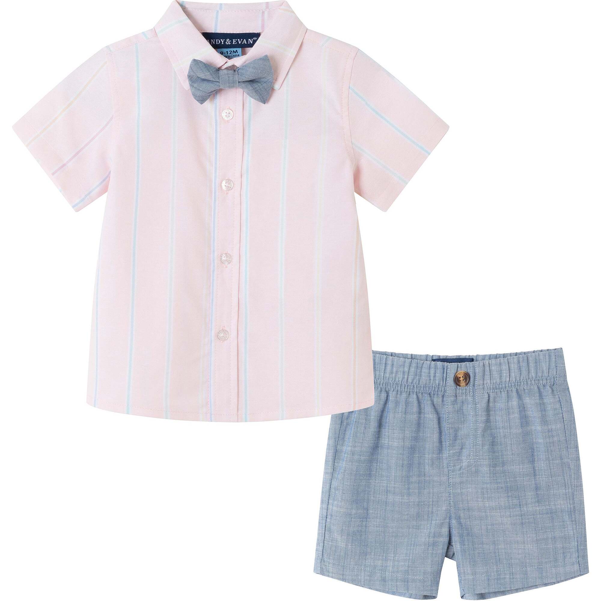 Infant Pink Striped Oxford and Bowtie Shorts Set, Pink - Mixed Apparel Set - 1