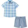 Infant 4 Piece Plaid Suspender Set, Light Blue - Mixed Apparel Set - 1 - thumbnail
