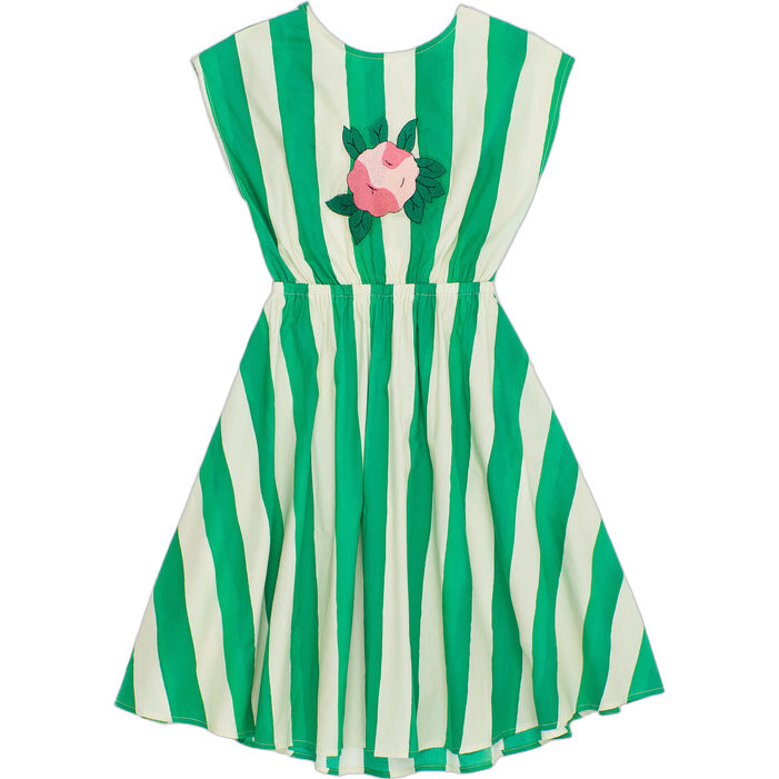 Flower Stripes Dress, White & Green - Dresses - 1