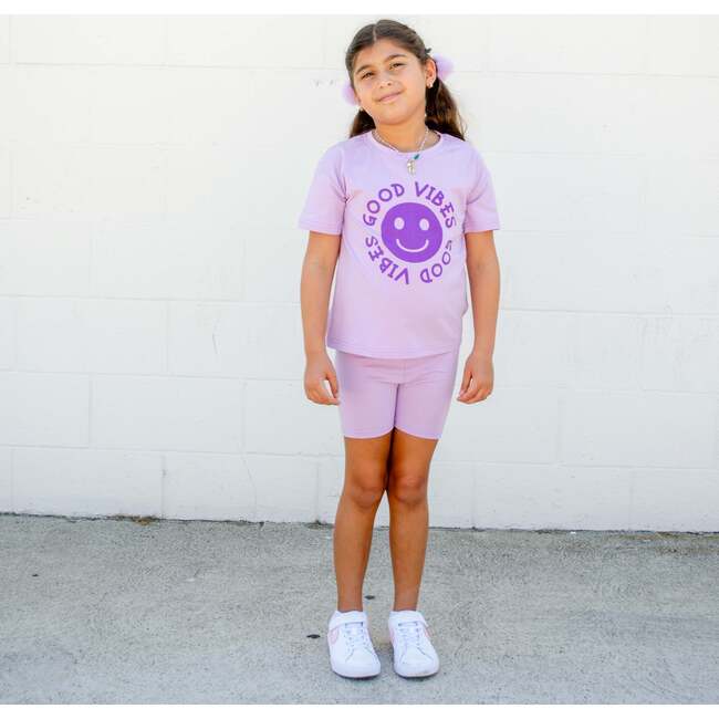 Happy Face "GOOD VIBES" Message T-Shirt and Short Set Kids, Purple - Mixed Apparel Set - 2