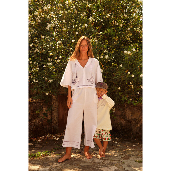 Women's Pomegranate Embroidery Trousers, White - Pants - 3
