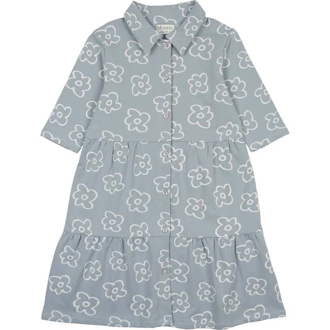 Tiered Flower 3/4 Sleeve Dress, Blue