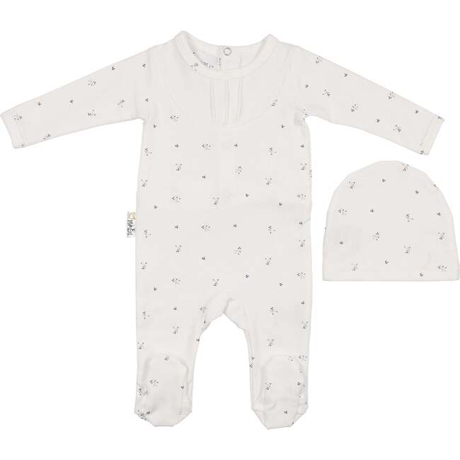 Leafs And Pleats Footie and Beanie Set, Ivory