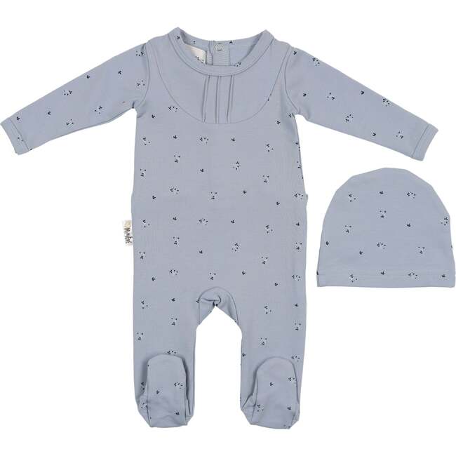 Leafs And Pleats Footie and Beanie Set, Blue