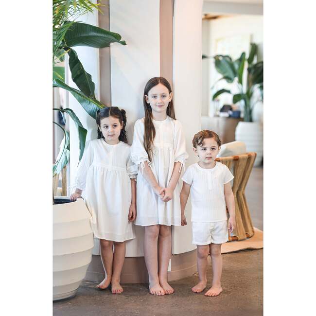 Striped Faux Tab 3/4 Sleeve Dress, White - Dresses - 3