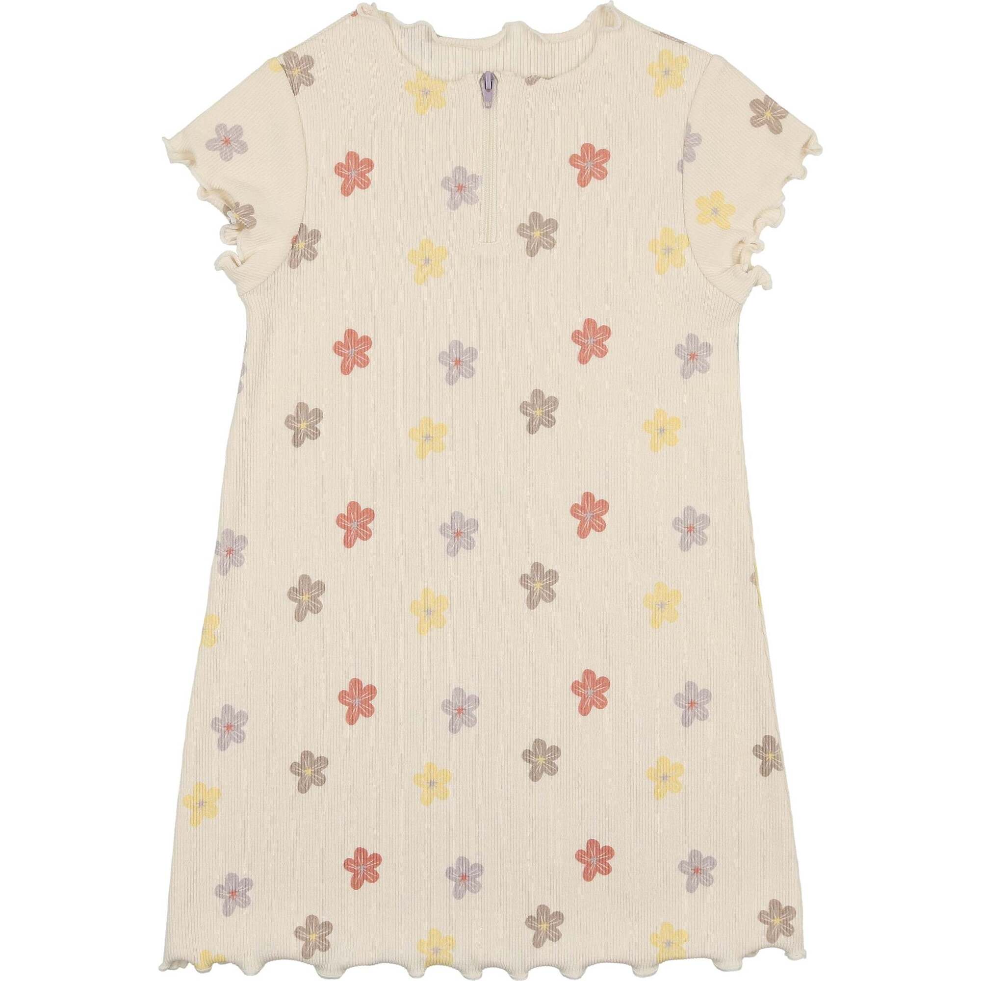 Floral Ribbed Short Sleeve Dress, Beige - Dresses - 1
