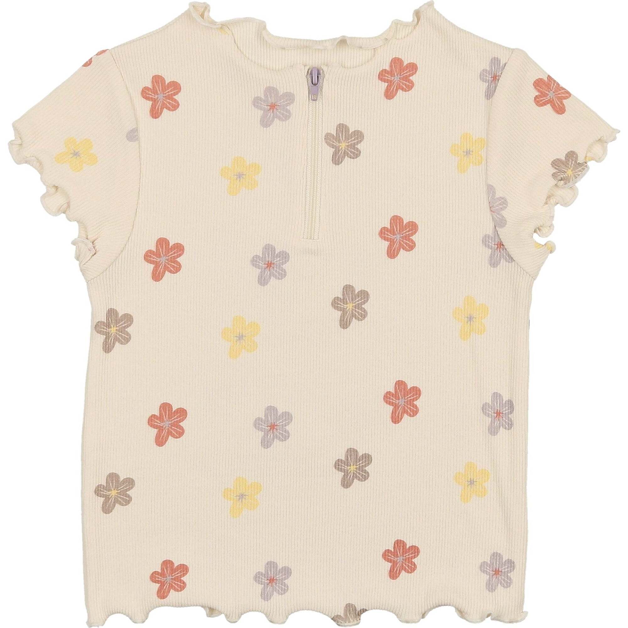 Floral Ribbed Girls Short Sleeve Top, Beige - Cardigans - 1