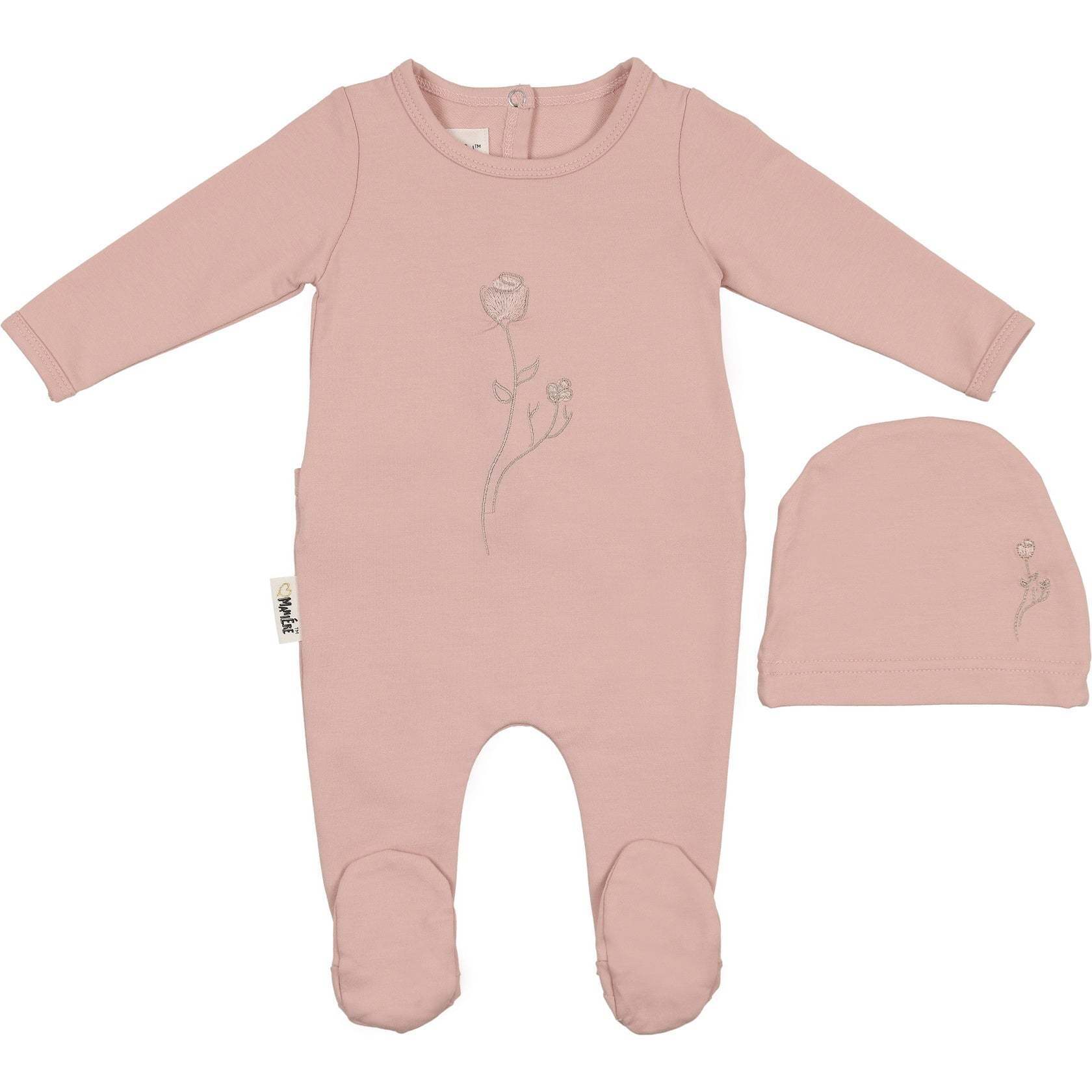 Embroidered Rose Footie, Mauve - Footie Pajamas - 1
