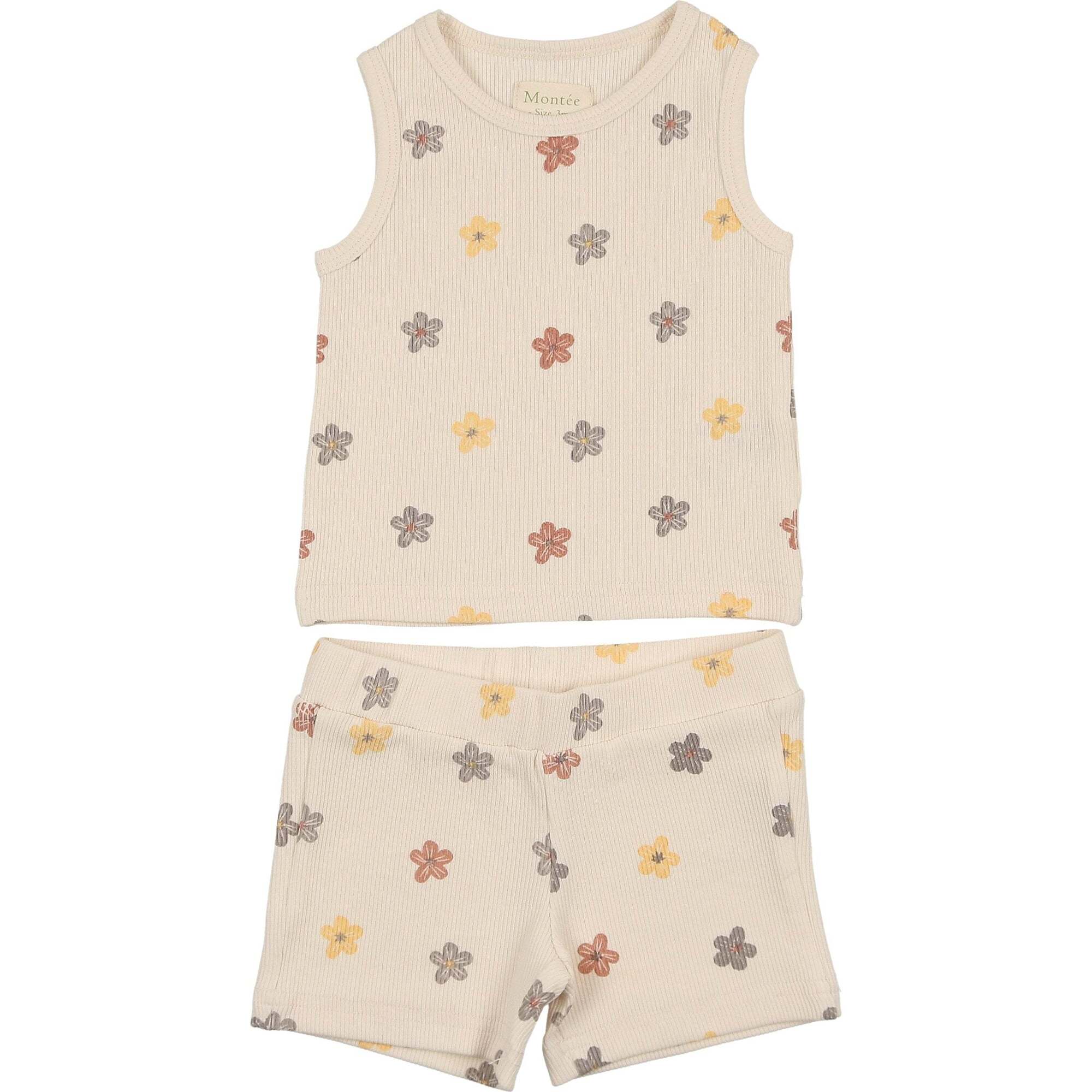 Floral Ribbed 2Pc Set, Beige Girl - Two Pieces - 1