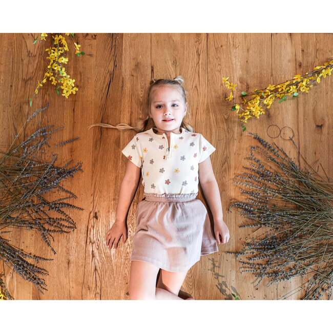 Floral Ribbed Girls Short Sleeve Top, Beige - Cardigans - 2
