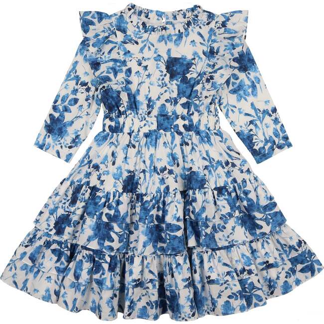 Blue Garden 3/4 Sleeve Dress, White Blue
