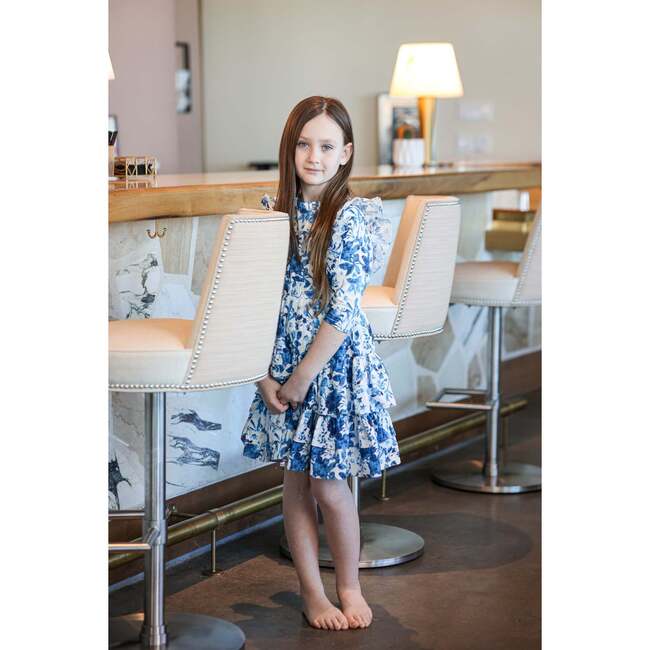 Blue Garden 3/4 Sleeve Dress, White Blue - Dresses - 2