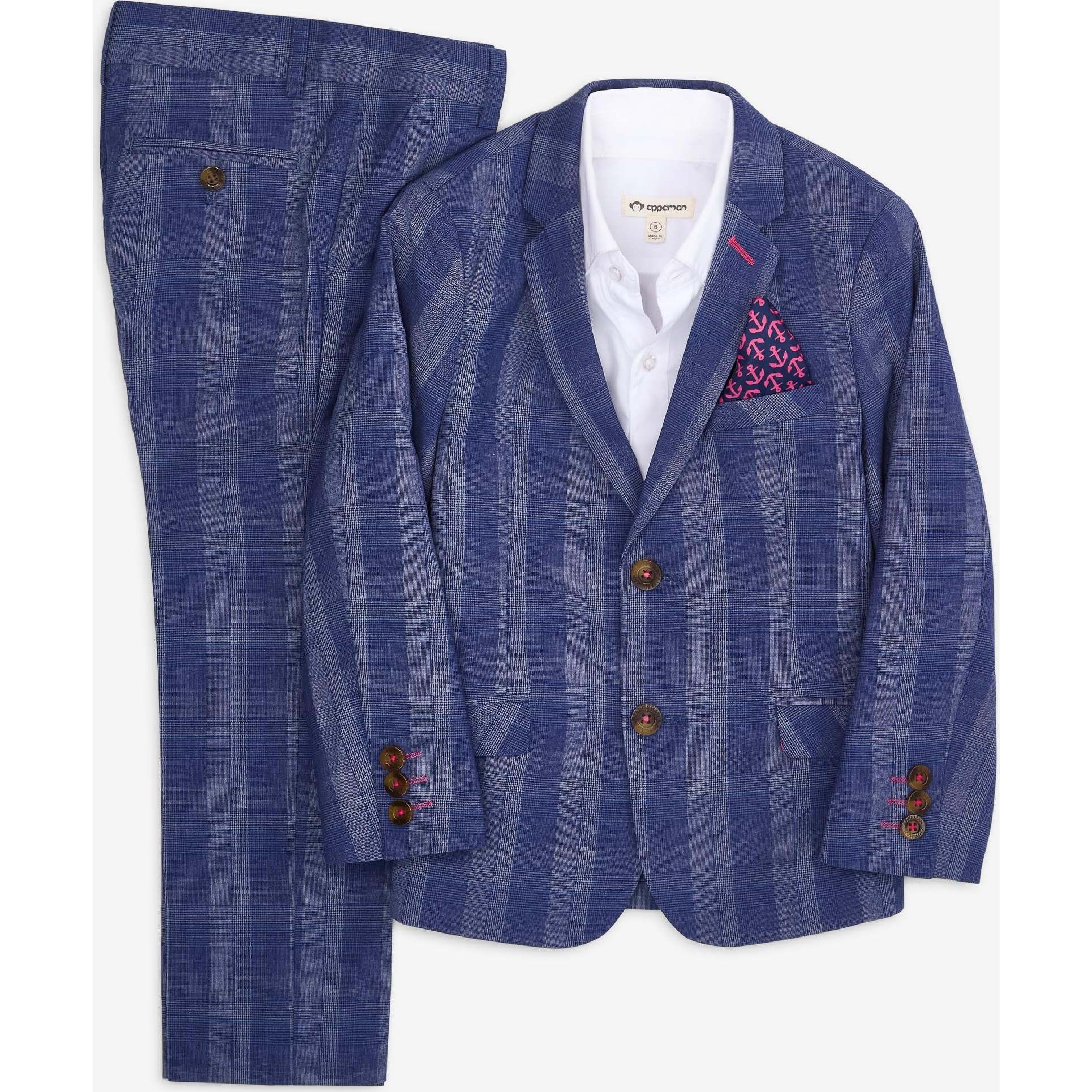 2-Pc Stretchy Mod Suit, Indigo Glen Plaid - Suits & Separates - 1