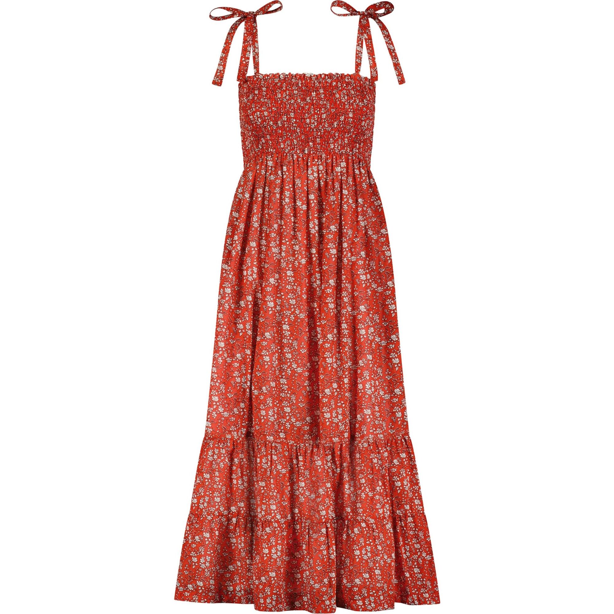 Queen B....India WOMEN'S Smocked Shoulder Tie Maxi Dress, Red Floral - Dresses - 1