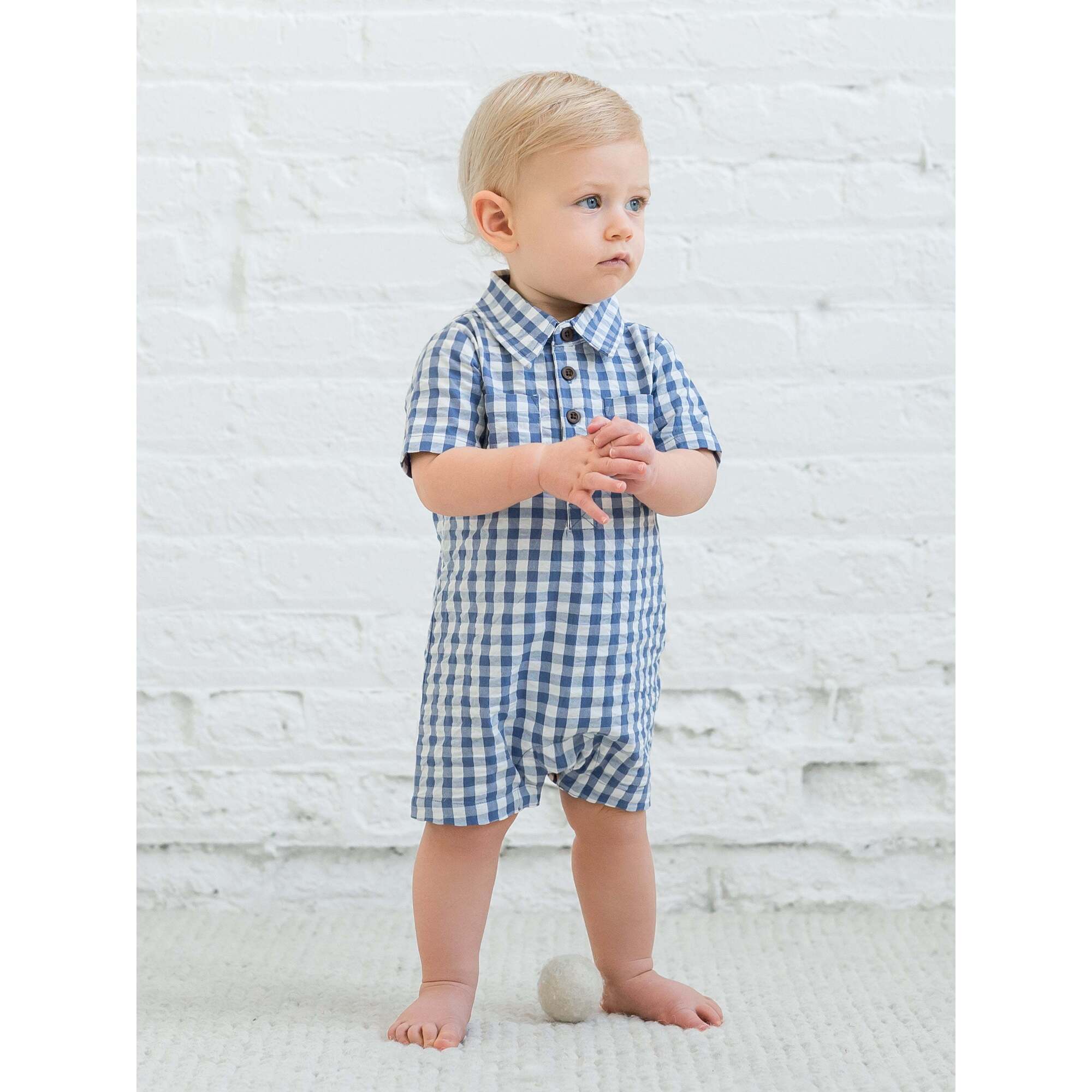 Mato Seersucker Collared Romper Gingham - Colored Organics Rompers