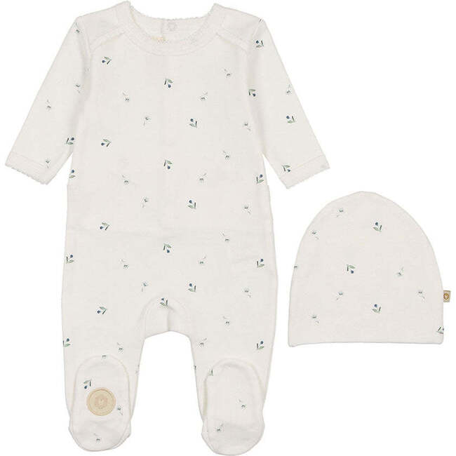 Plush Print Footie & Hat Set, Boys Ivory & Blue
